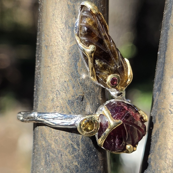 Tourmaline 16k & Rhodalite & Citrine Sterling & Gold Wrap Ring Sz9 Adjustable - Picture 5 of 9